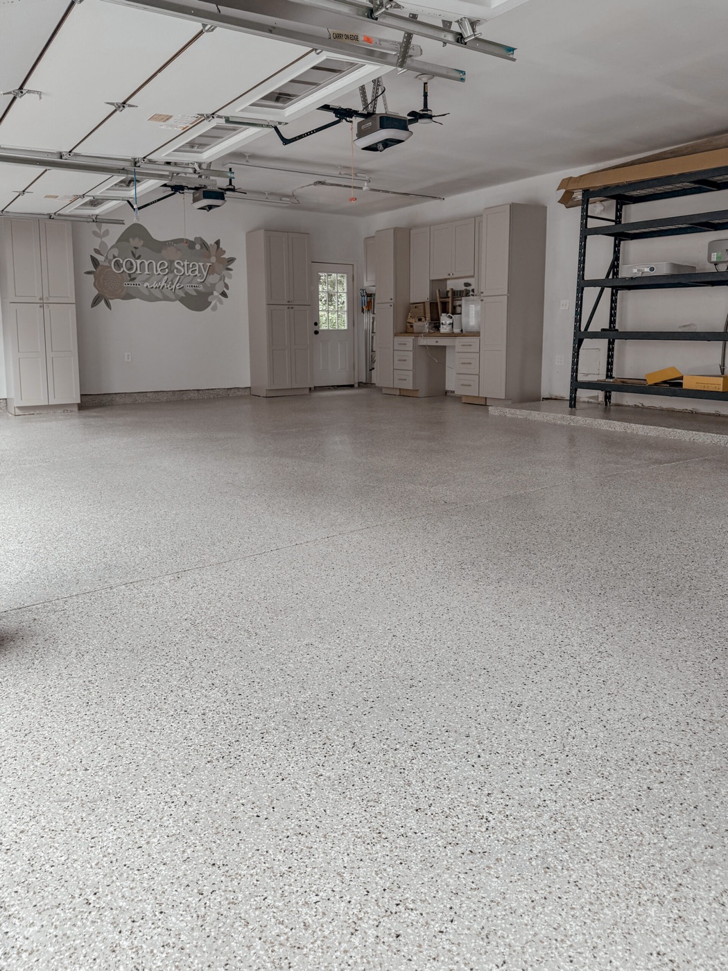 Light flake garage floor in a two-car garage