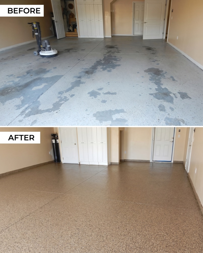 Before and after of a bare concrete slab finished with a flake coating