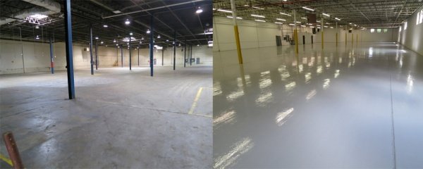 Before and after of a bare warehouse floor finished with a high-gloss coating